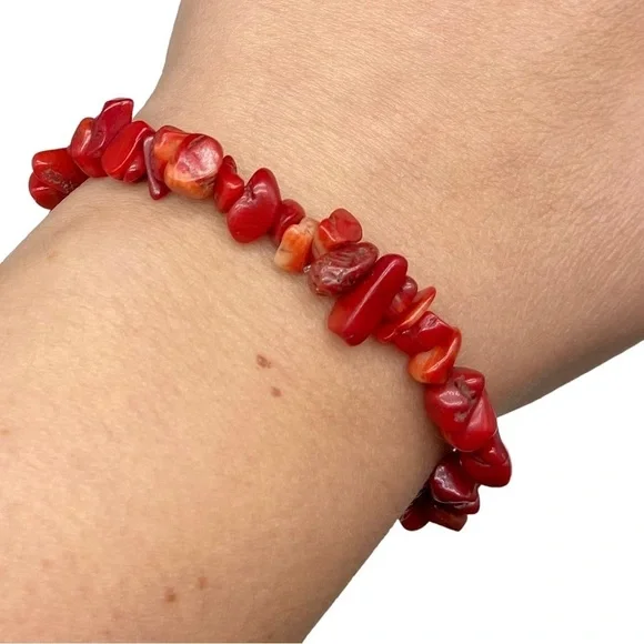 Red Coral Branch Stick Gemstone Chips Beaded Stretch Bracelet Natural Stone - Picture 3 of 4